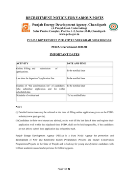 RECRUITMENT NOTICE for VARIOUS POSTS Punjab Energy Development Agency, Chandigarh (A Punjab Govt