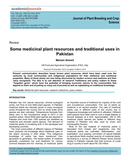 Some Medicinal Plant Resources and Traditional Uses in Pakistan