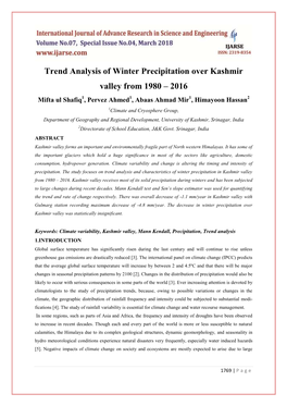 Trend Analysis of Winter Precipitation Over Kashmir Valley From