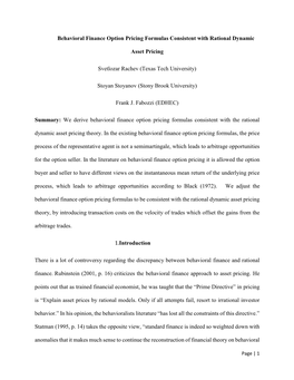 Behavioral Finance Option Pricing Formulas Consistent with Rational Dynamic