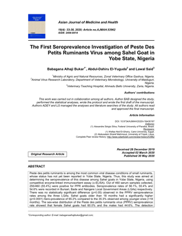 The First Seroprevalence Investigation of Peste Des Petits Ruminants Virus Among Sahel Goat in Yobe State, Nigeria