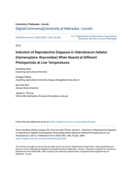 Induction of Reproductive Diapause in &lt;I&gt;Habrobracon Hebetor&lt;/I
