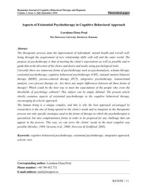Aspects of Existential Psychotherapy in Cognitive Behavioral Approach