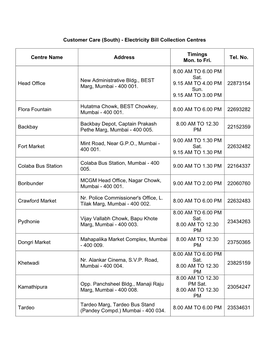 Electricity Bill Collection Centres