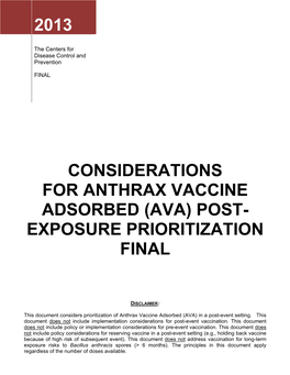 Considerations for Anthrax Vaccine Adsorbed (Ava) Post- Exposure Prioritization