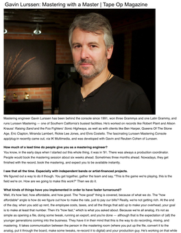 Gavin Lurssen: Mastering with a Master ...Ering, Recording and Music