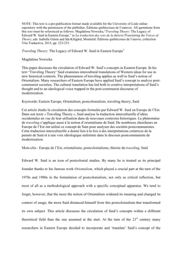 Traveling Theory: the Legacy of Edward W. Said in Eastern Europe,” in La Traduction Des Voix De La Théorie/Translating the Voices of Theory, Eds