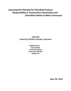 Assessing the Potential for Extended Producer Responsibility in Construction, Renovation and Demolition Waste in Metro Vancouver