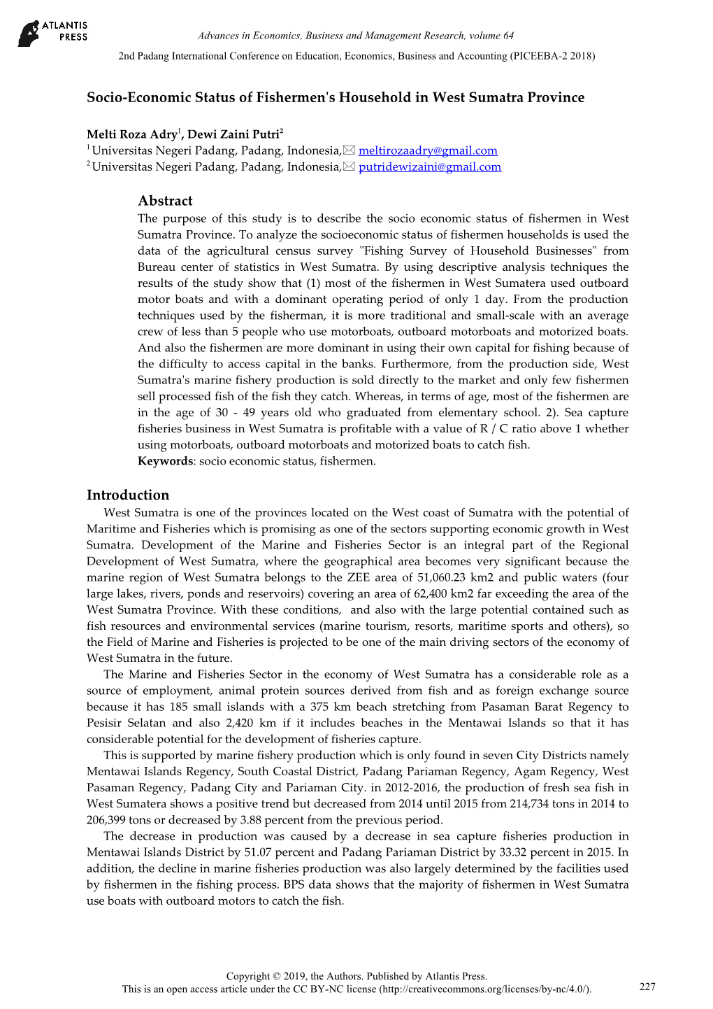 Socio-Economic Status of Fishermen's Household in West Sumatra Province