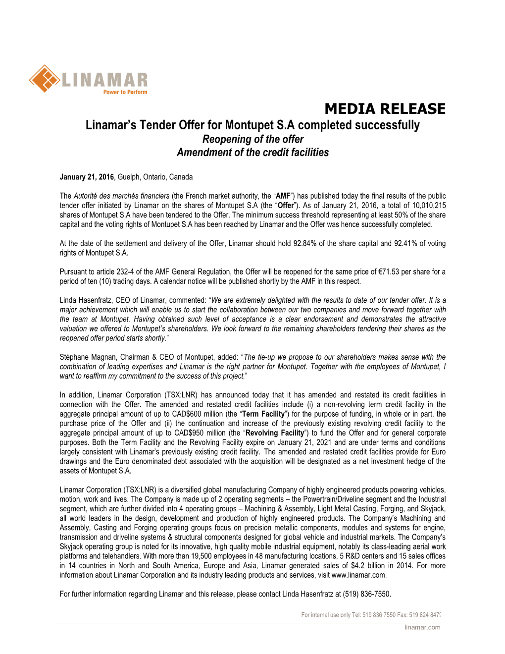 Linamar's Tender Offer for Montupet SA Completed Successfully