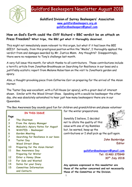 Guildford Beekeepers Newsletter August 2018