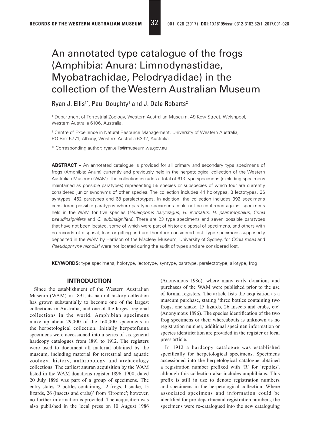 Amphibia: Anura: Limnodynastidae, Myobatrachidae, Pelodryadidae) in the Collection of the Western Australian Museum Ryan J