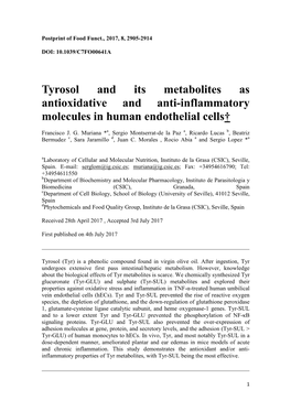 Tyrosol and Its Metabolites As Antioxidative and Anti-Inflammatory Molecules in Human Endothelial Cells†