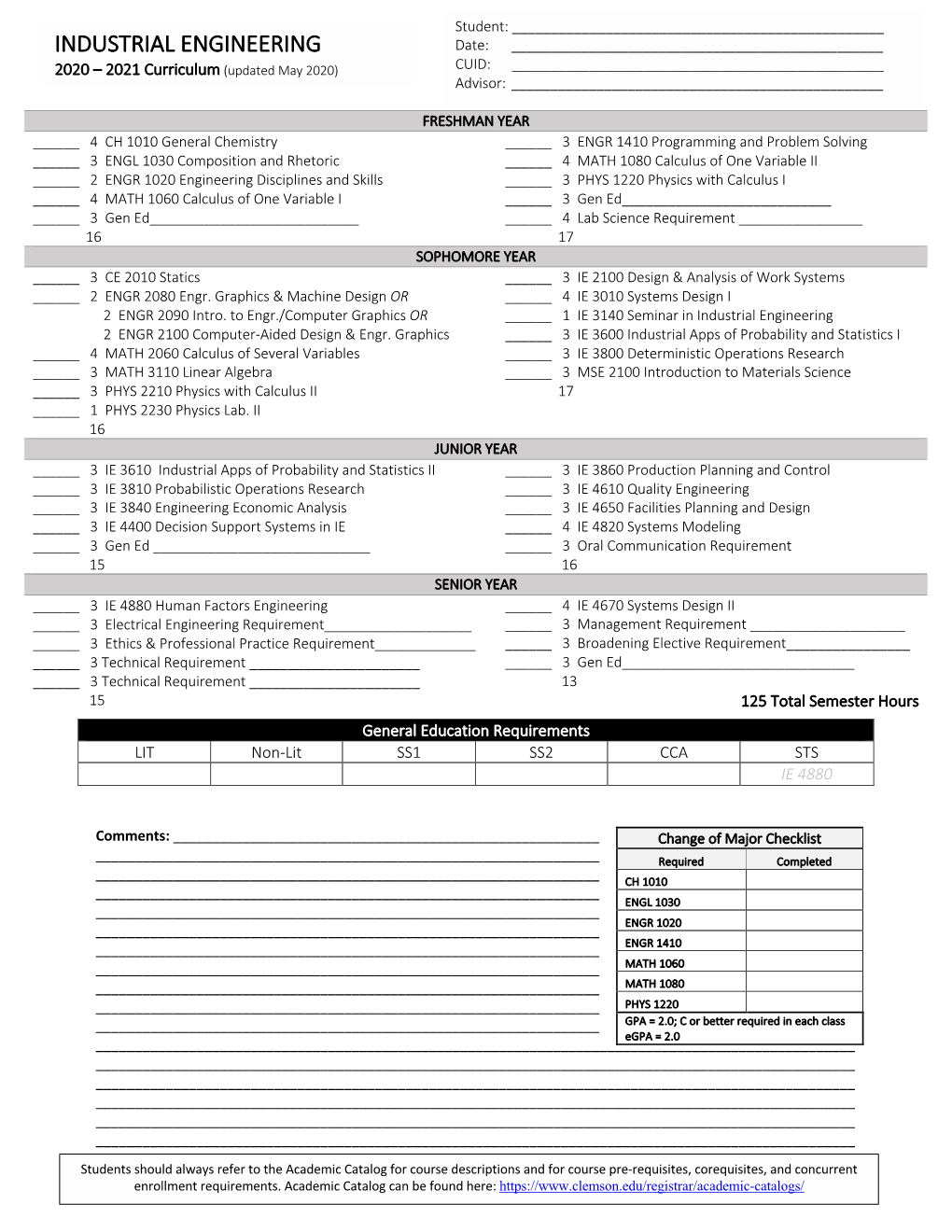 INDUSTRIAL ENGINEERING Date: ______2020 – 20 21 Curriculum (Updated May 2020) CUID: ______Advisor: ______