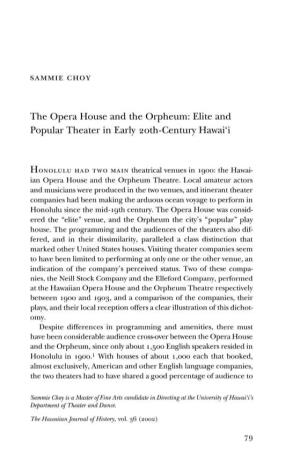 The Opera House and the Orpheum: Elite and Popular Theater in Early 20Th-Century Hawai'i