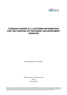 Citibank Europe Plc Customer Information for the Purpose of Providing the Investment Services