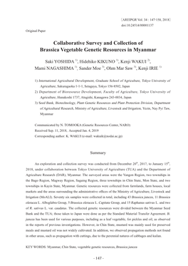 Collaborative Survey and Collection of Brassica Vegetable Genetic Resources in Myanmar