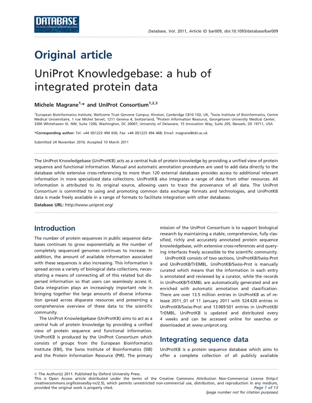 Uniprot Knowledgebase: a Hub of Integrated Protein Data