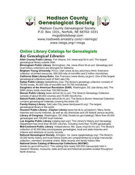 Online Library Catalogs for Genealogists Key Genealogical Libraries Allen County Public Library, Fort Wayne, Ind