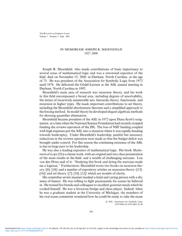 Joseph R. Shoenfield, Who Made Contributions of Basic Importance to Several Areas of Mathematical Logic and Was a Renowned Expos