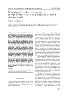 Physiological Endocrine Control of Energy Homeostasis and Postprandial Blood Glucose Levels