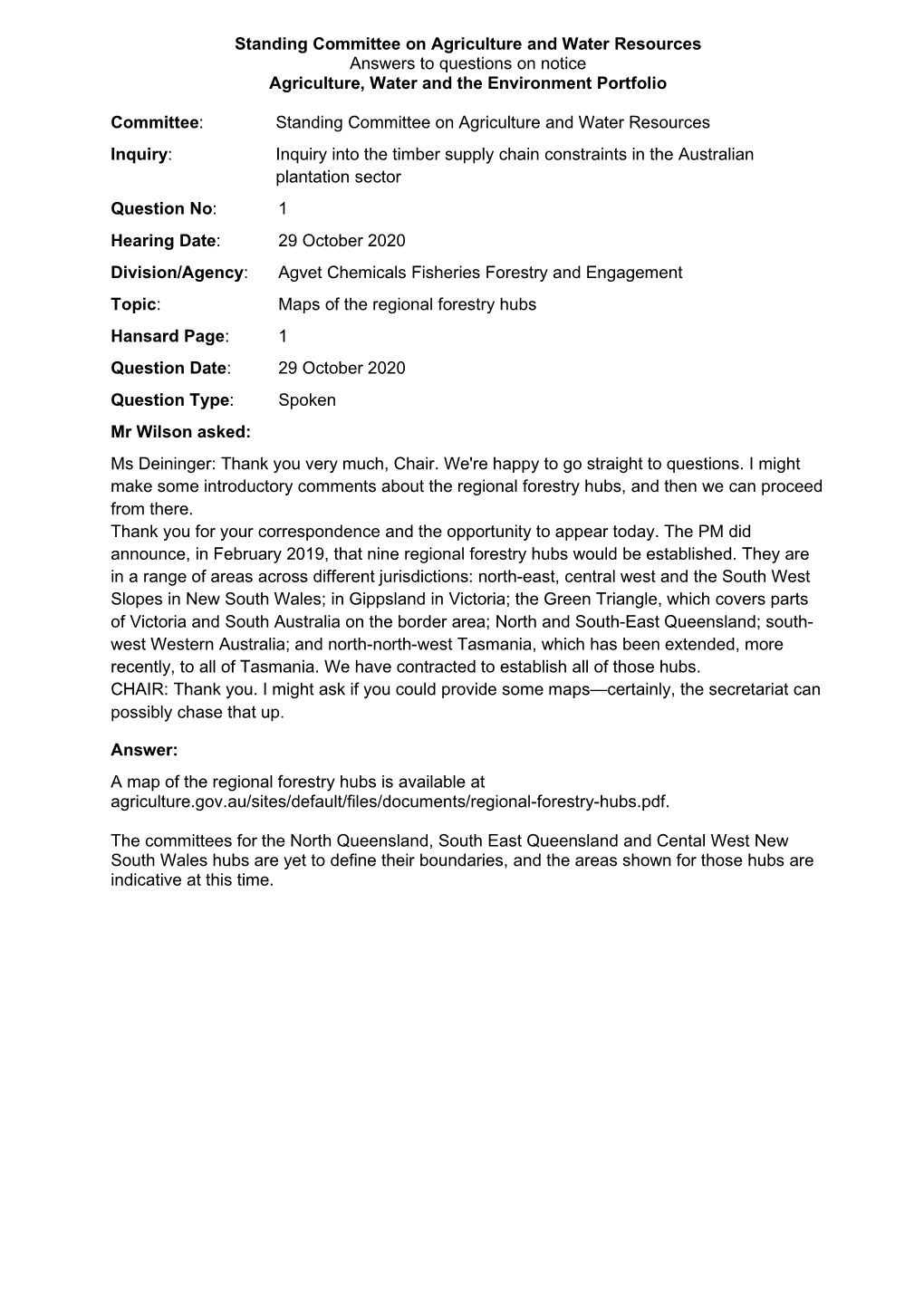Standing Committee on Agriculture and Water Resources Answers to Questions on Notice Agriculture, Water and the Environment Portfolio