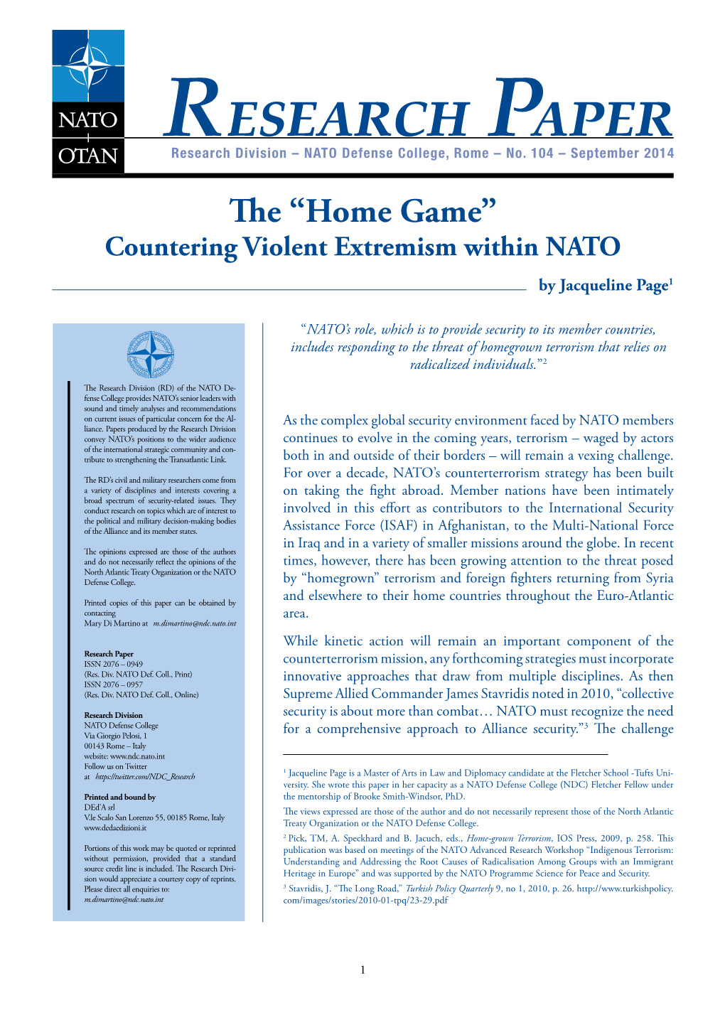 The "Home Game": Countering Violent Extremism Within NATO