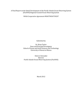 A Final Report on the Initial Development of the Pacific Islands Ocean Observing System (Pacioos) Regional Coastal Ocean Observing System