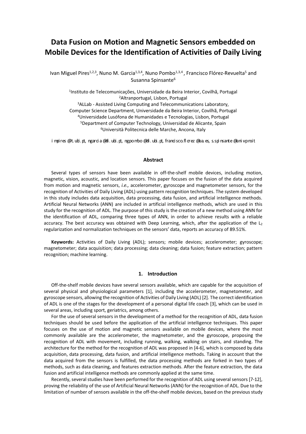 Data Fusion on Motion and Magnetic Sensors Embedded on Mobile Devices for the Identification of Activities of Daily Living