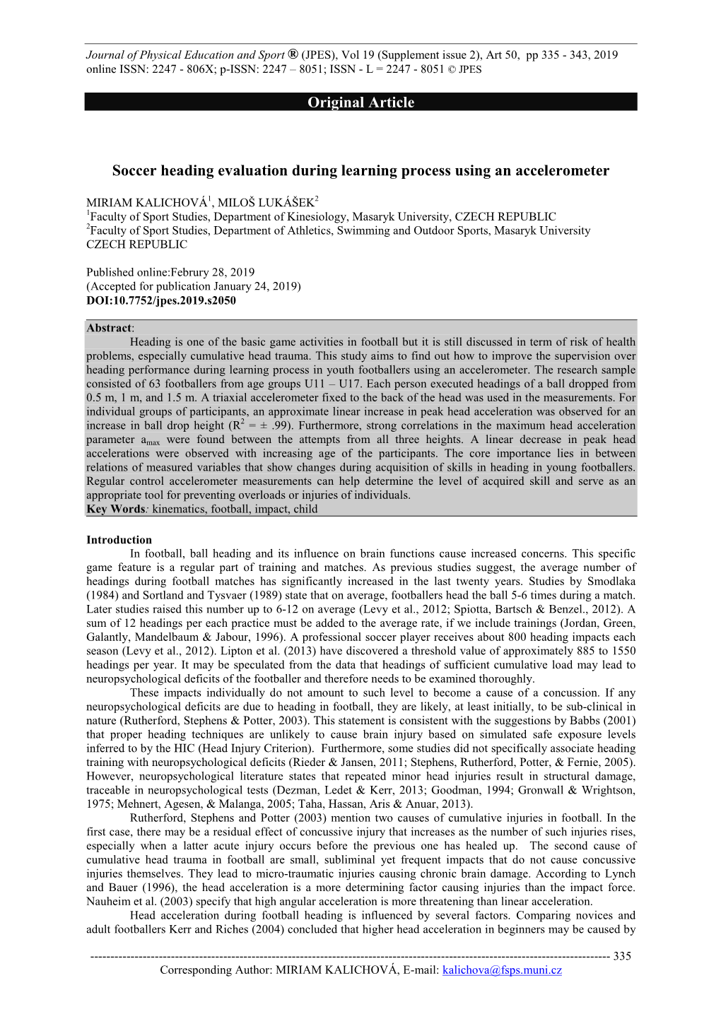 Original Article Soccer Heading Evaluation During Learning Process