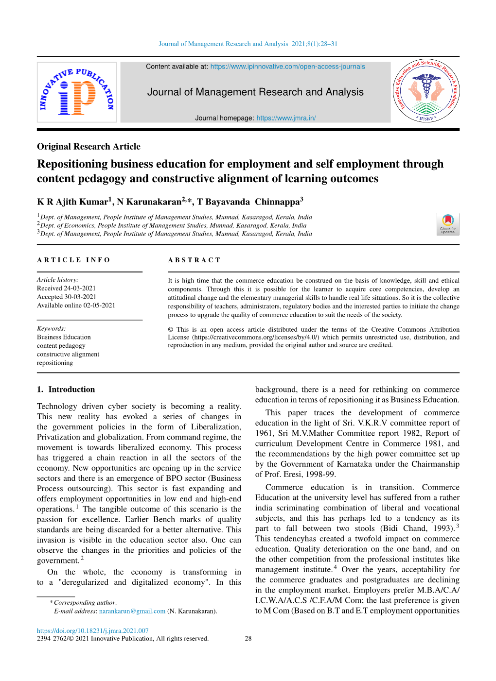 Journal of Management Research and Analysis 2021;8(1):28–31