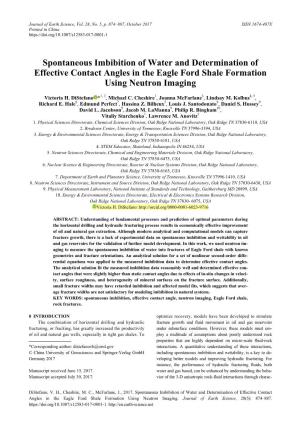 Spontaneous Imbibition of Water and Determination of Effective Contact Angles in the Eagle Ford Shale Formation Using Neutron Imaging
