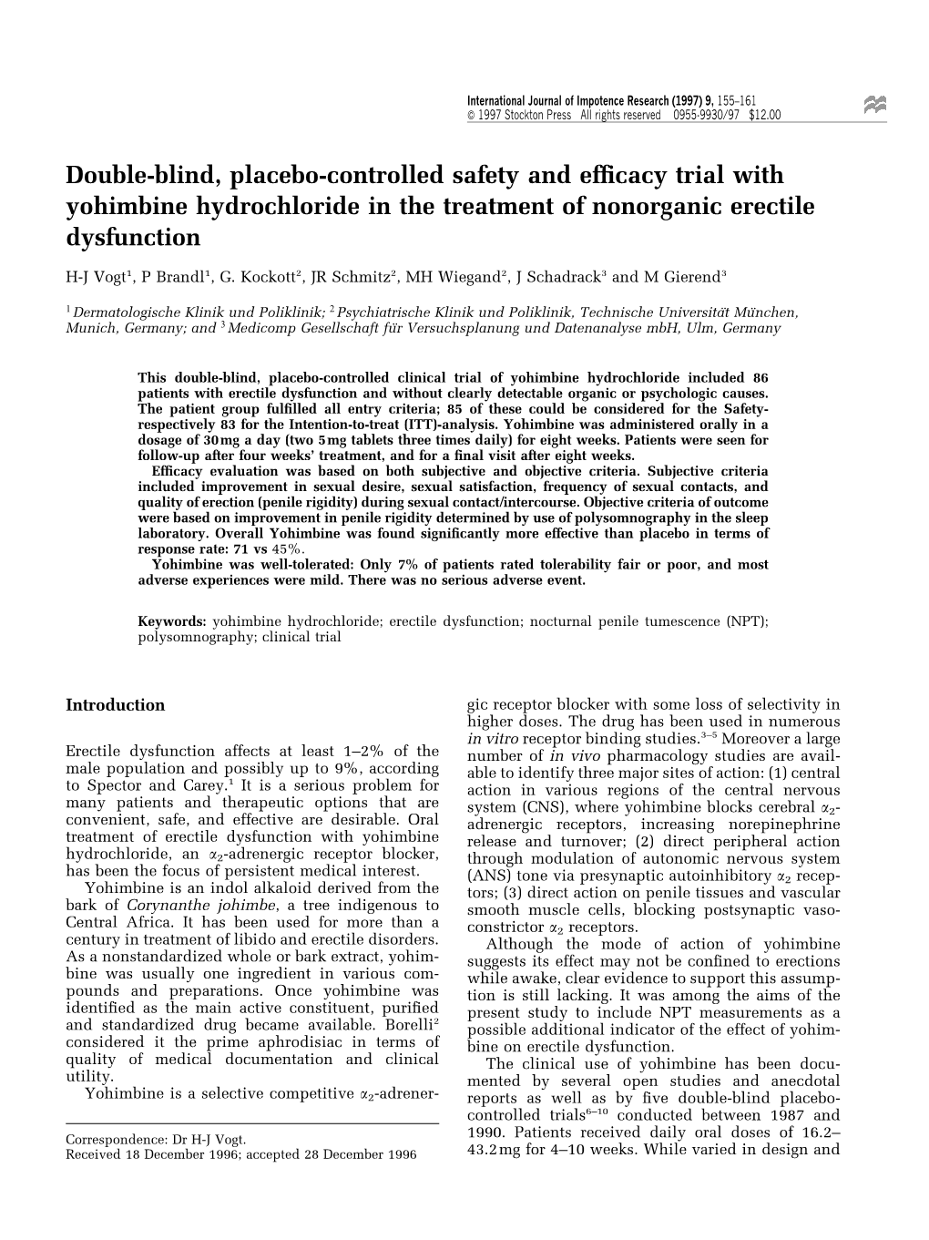 Double-Blind, Placebo-Controlled Safety and Ef®Cacy Trial with Yohimbine Hydrochloride in the Treatment of Nonorganic Erectile Dysfunction