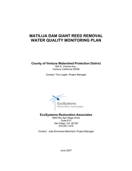 Matilija Dam Giant Reed Removal Water Quality Monitoring Plan