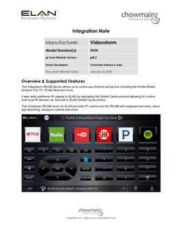 Integration Note Manufacturer: Videostorm