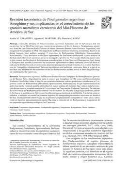 Revisión Taxonómica De Parahyaenodon Argentinus Ameghino Y Sus Implicancias En El Conocimiento De Los Grandes Mamíferos Carnívoros Del Mio-Plioceno De América De Sur