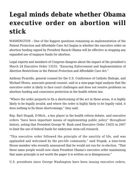 Legal Minds Debate Whether Obama Executive Order on Abortion Will Stick