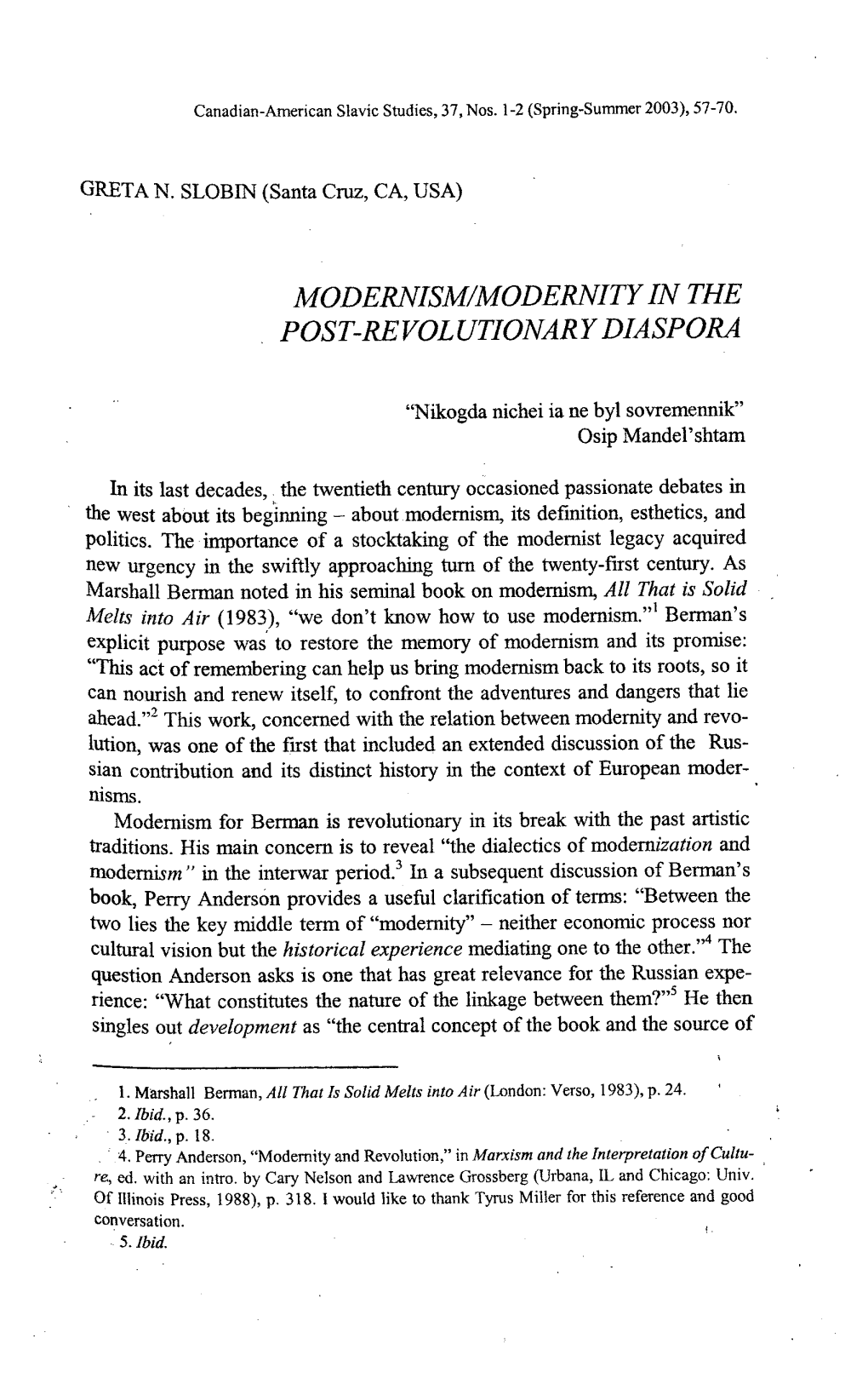 Modernism/Modernity in the Post-Revolutionary Diaspora
