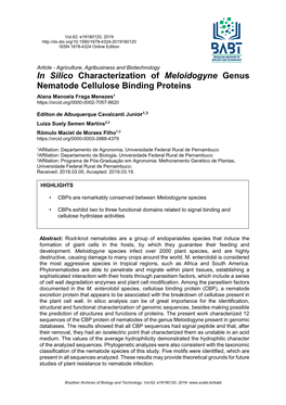 In Silico Characterization of Meloidogyne Genus Nematode Cellulose Binding Proteins Alana Manoela Fraga Menezes1