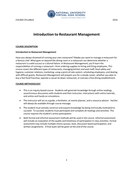 Introduction to Restaurant Management