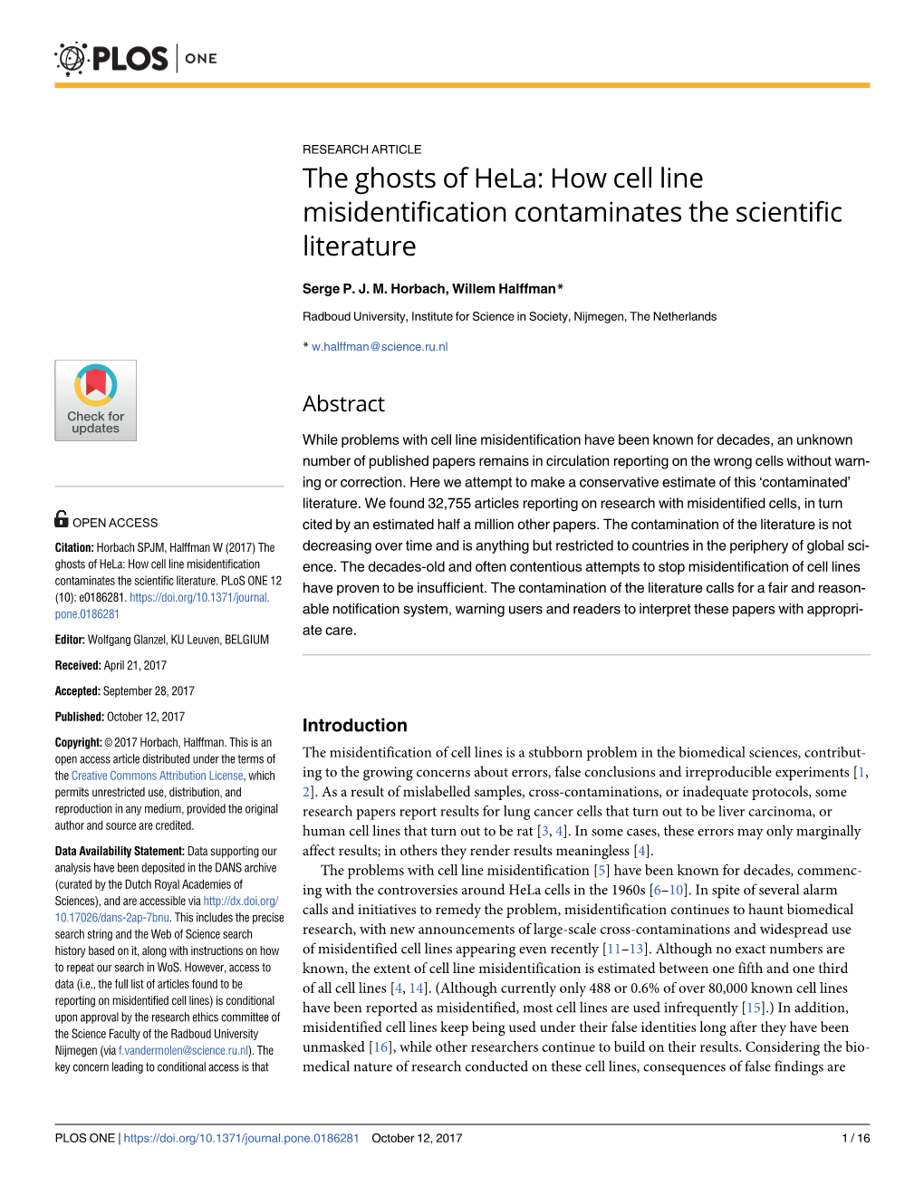 The Ghosts of Hela: How Cell Line Misidentification Contaminates the Scientific Literature