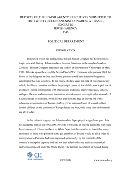 Reports of the Jewish Agency Executives Submitted to the Twenty-Second Zionist Congress at Basle, Excerpts Jewish Agency 1946