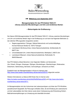 Mitteilung Vom September 2015 Managementplan Für Das FFH
