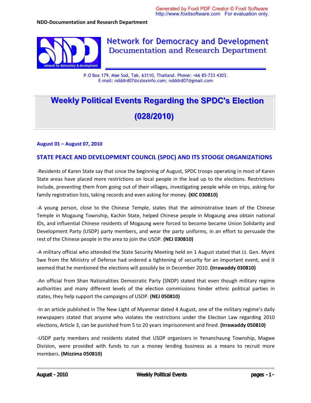 Network for Democracy and Development Weekly Political