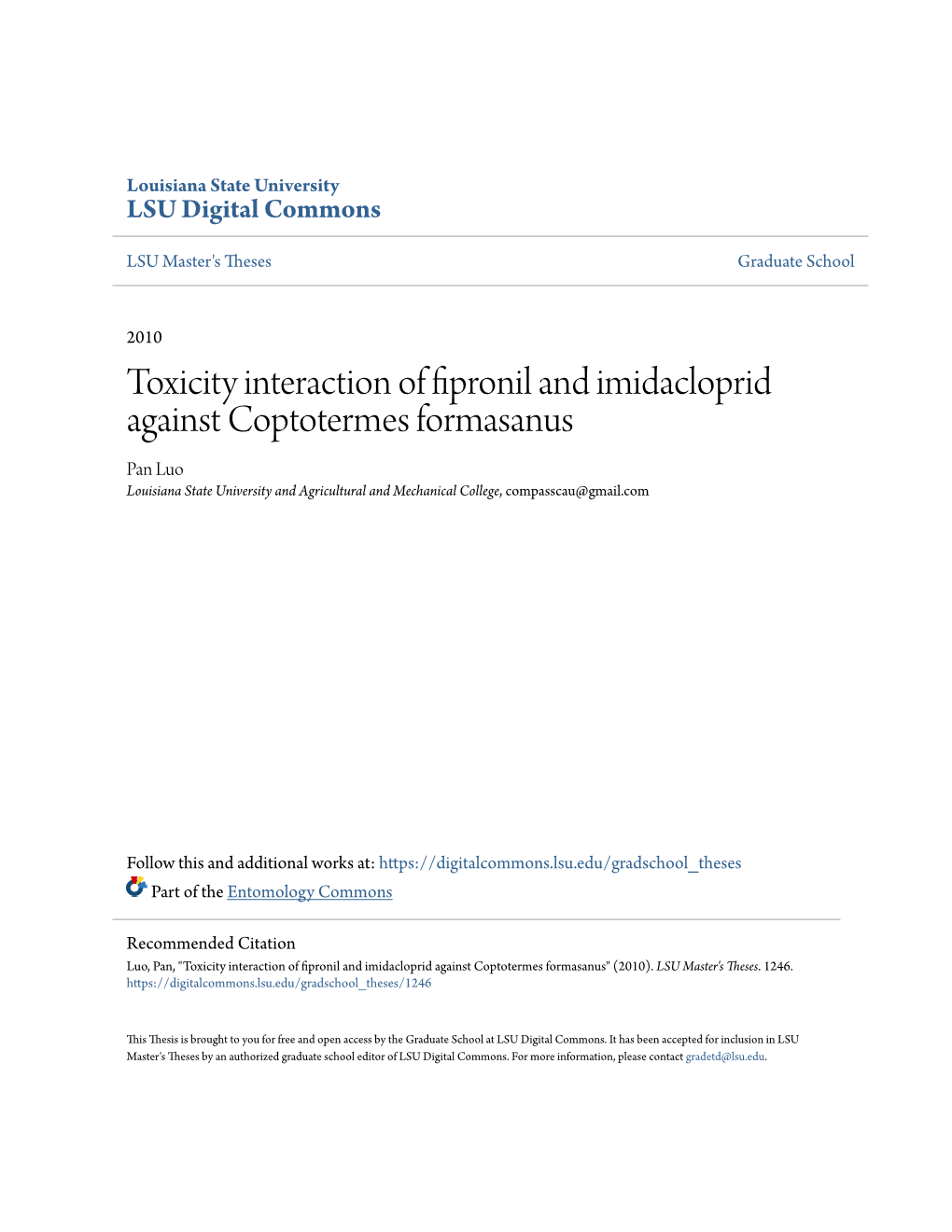 Toxicity Interaction of Fipronil and Imidacloprid Against Coptotermes