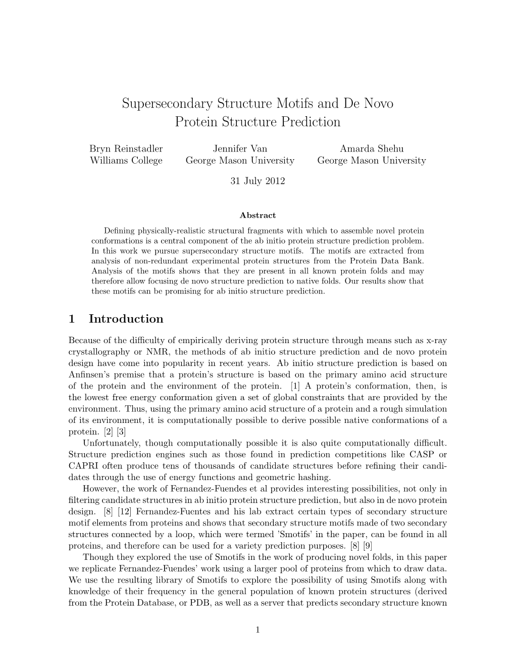 Supersecondary Structure Motifs and De Novo Protein Structure Prediction