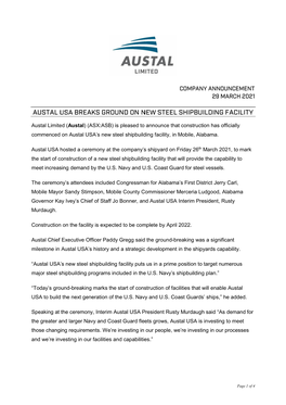 Austal USA Breaks Ground at Steel Shipbuilding Facility