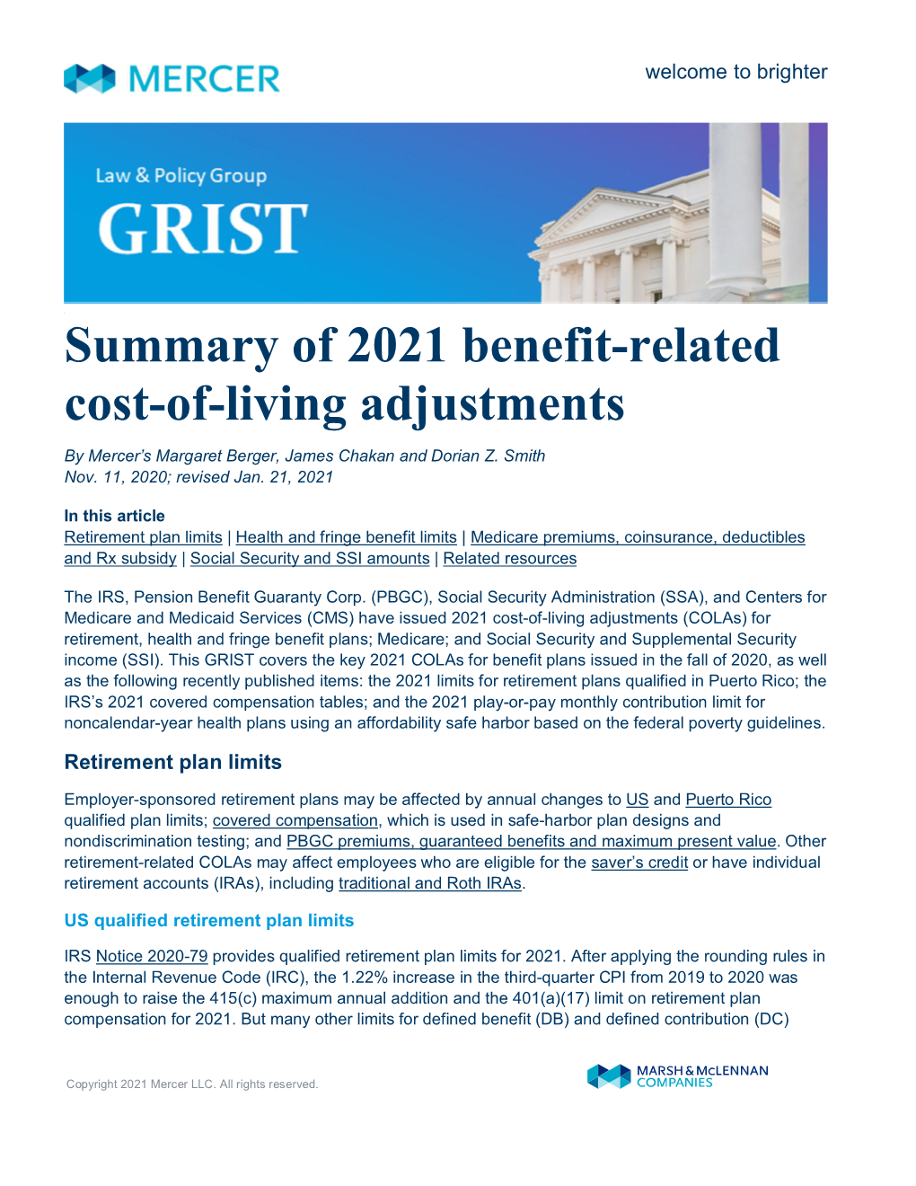 Summary of 2021 Benefit-Related Cost-Of-Living Adjustments