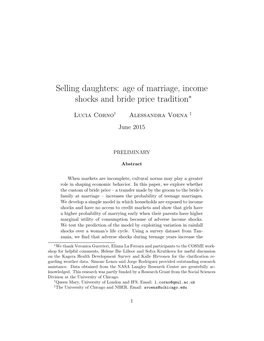 Selling Daughters: Age of Marriage, Income Shocks and Bride Price Tradition⇤