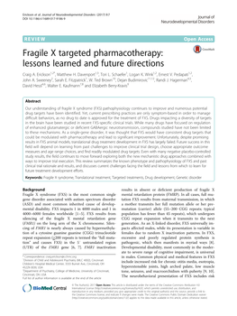 Fragile X Targeted Pharmacotherapy: Lessons Learned and Future Directions Craig A